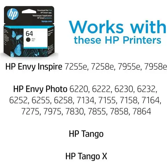 HP 64 Black Ink, Envy Inspire 7250e, 7950e, Envy Photo 6200, 7100, 7200, Tango - Picture 2 of 2